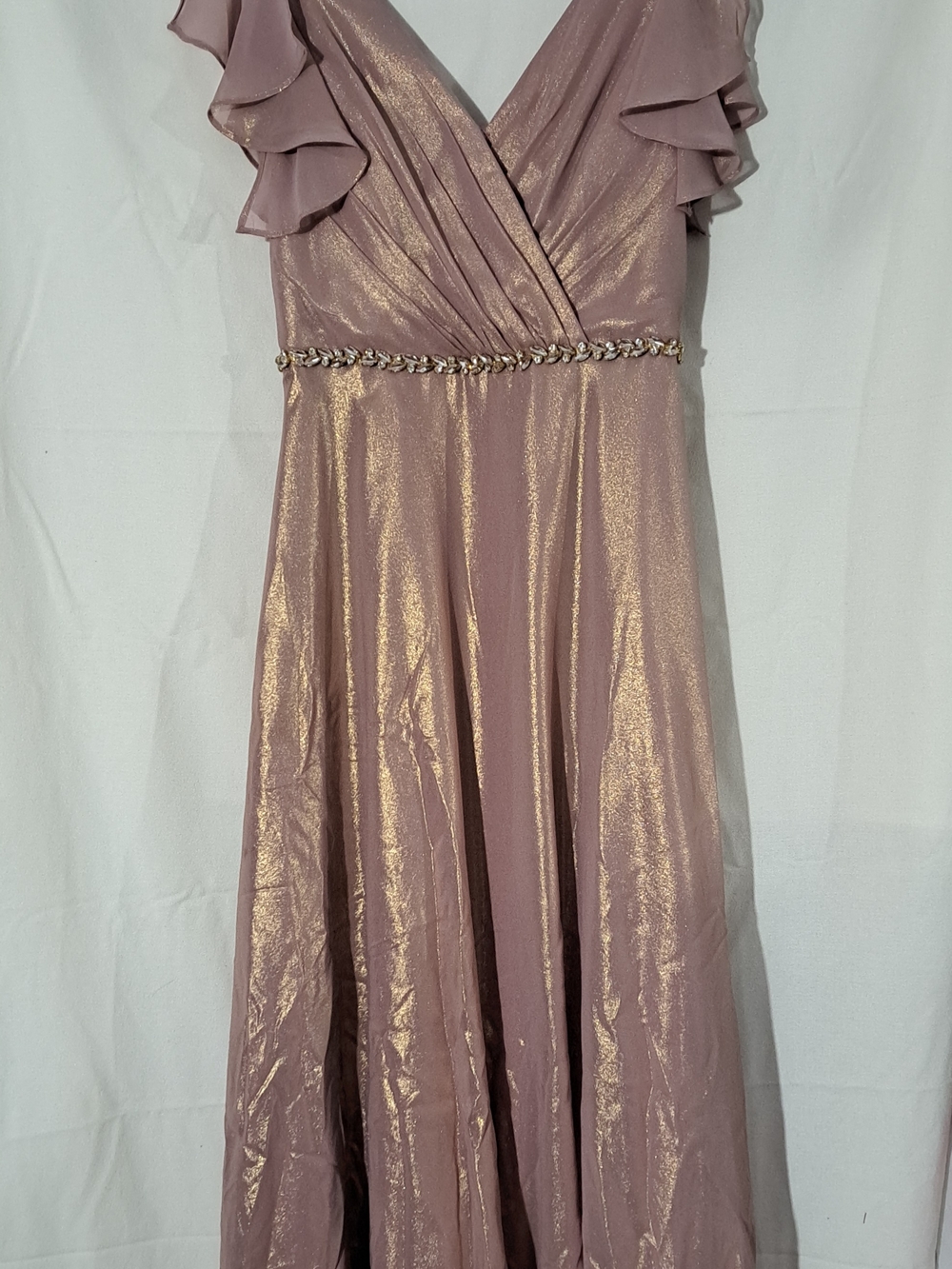David's Bridal Metallic Dusty Rose Maxi Dress with Beaded Waist
